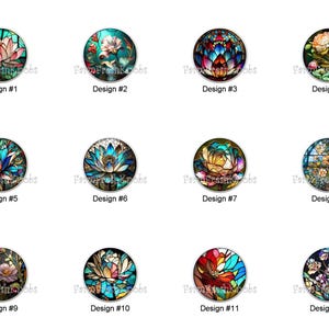 May include: A collection of twelve round decorative knobs with floral designs. Each knob features a unique stained-glass style floral pattern in various colors, including pink, blue, and yellow. The knobs are labeled with design numbers.