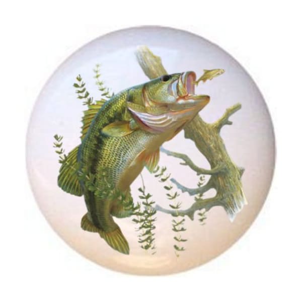 Gone Fishing Bass Fish Images on 1.5" DECORATIVE Glossy Ceramic Dresser Drawer PULLS Cabinet Cupboard KNOBS