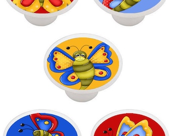 Set of 5 Butterfly Ceramic Dresser Knobs: Colorful Decoupage Decor