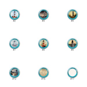 May include: A set of 18 round, blue and white coasters with various lighthouse images. Each coaster features a different lighthouse scene with a blue and white wooden frame.