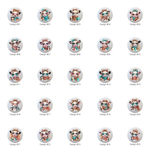 May include: A collection of 25 round decorative buttons, each featuring a unique cow design. The cows are depicted with various accessories like glasses, bows, and scarves. Each button is labeled with a design number.
