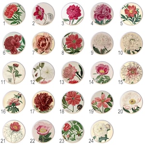 May include: Twenty-four vintage illustrations of pink, red, and white peonies on a white background. Each illustration is framed in a circle.
