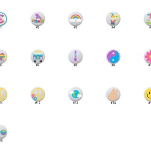 May include: Sixteen different ceramic knobs with various designs, including peace signs, rainbows, flowers, a van, a heart, a smiley face, a gnome, and a yin yang symbol. The knobs are white with colorful designs.