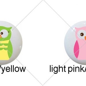 May include: Four ceramic owl buttons with different color combinations. The owls are purple and brown, green and yellow, light pink and dark pink, and blue and brown.