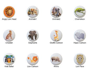 African Wildlife Safari Animals Images on 1.5" White Decorative Glossy CERAMIC Cabinet PULLS Dresser Drawer KNOBS