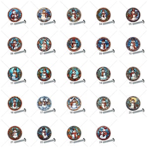 May include: Twenty-four round, colorful, stained glass cabinet knobs featuring a snowman design. Each knob has a silver screw.