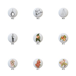 May include: Set of 18 ceramic knobs with various fruit and floral designs. The knobs feature images of apples, pears, peaches, flowers, and a ladder. The knobs are white with black outlines and are perfect for adding a touch of farmhouse charm to any room.