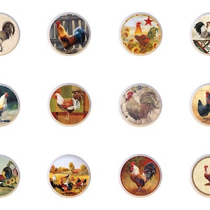 May include: Set of 10 ceramic knobs featuring colorful rooster illustrations. Each knob has a different design with roosters in various poses and settings. The knobs are perfect for adding a touch of farmhouse charm to your kitchen cabinets or drawers.