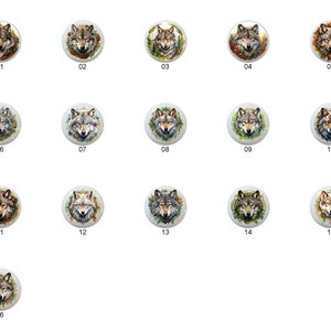 May include: A set of 16 round ceramic tiles featuring wolf faces surrounded by a wreath of leaves and flowers. Each tile is numbered 1 through 16.