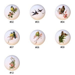 May include: Twelve round ceramic knobs with different bird designs. Each knob features a white background with a colorful bird or birds on a branch or in a nest.