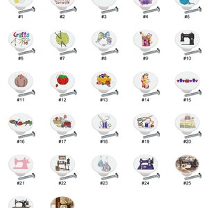 May include: Set of 27 ceramic drawer knobs featuring various sewing and crafting themes. The knobs are white with colorful designs, including sewing machines, scissors, thread, needles, and fabric.