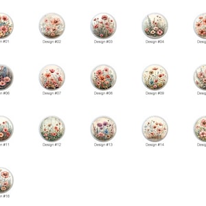 May include: Sixteen different designs of round floral patterns with a white background. Each design features a different arrangement of pink, white, and blue flowers.
