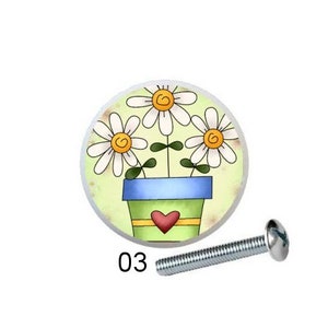 May include: Five different floral themed knobs with a screw for installation. Each knob features a different floral design with a yellow, green, and white color scheme. The knobs are perfect for adding a touch of whimsy to any room.