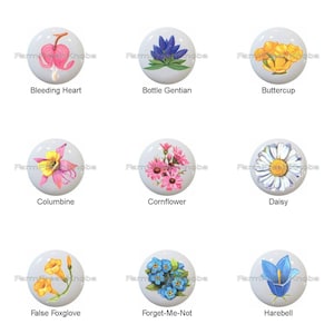 Wildflowers Wild Flowers Floral Flower Images on 1.5" White Decorative Glossy CERAMIC Cabinet PULLS Dresser Drawer KNOBS