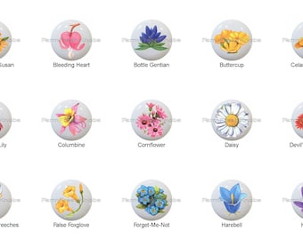 Wildflowers Wild Flowers Floral Flower Images on 1.5" White Decorative Glossy CERAMIC Cabinet PULLS Dresser Drawer KNOBS