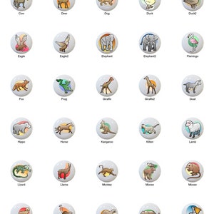 May include: A set of 40 colorful ceramic round ornaments featuring various animals, including an anteater, bear, bird, boxer dog, buffalo, camel, cat, chick, cow, deer, dog, duck, eagle, elephant, flamingo, fox, frog, giraffe, goat, hippo, horse, kangaroo, kitten, lamb, lizard, llama, monkey, moose, mouse, muskrat, ostrich, otter, panther, pelican, pig, polar bear, rabbit, ram, rhino, rooster, seal, squirrel, and swan.