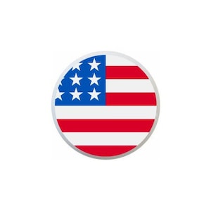 May include: A circular button with a red, white, and blue American flag design.