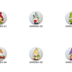 May include: Six different ceramic garden gnome ornaments. Each gnome is wearing a different colored hat and holding a different garden item. The gnomes are all smiling and have white beards. The ornaments are all round and have a white background.