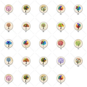 May include: Twenty-four colorful round buttons with images of stylized trees. Each button has a different color scheme and design.