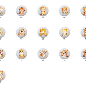 May include: Set of 16 ceramic round knobs featuring cute cartoon tiger illustrations in various poses. The knobs are white with orange, yellow, and black details.