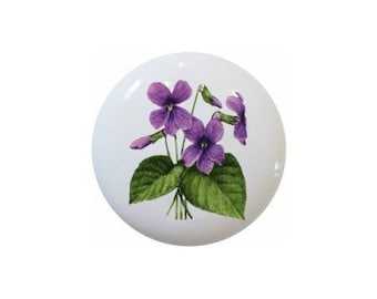 African Violet Purple Flower DECORATIVE Ceramic Dresser Drawer PULLS Cabinet Cupboard KNOBS