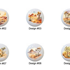 May include: Ten white ceramic cabinet knobs with desert landscape designs. Each knob features a unique watercolor painting of cacti, mountains, and desert plants. The designs are labeled with numbers from #01 to #10.