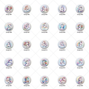 May include: Twenty-five different designs of unicorn illustrations. Each design features a unicorn with a different background and accessories. The unicorns are all in a cartoon style and have bright colors.