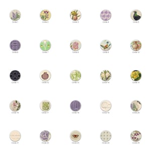 May include: Thirty round ceramic knobs with various designs, including flowers, birds, insects, and vintage patterns. The knobs are white with a glossy finish.