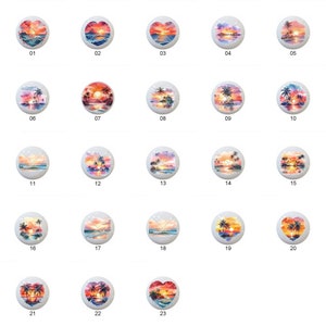 May include: A collection of decorative cabinet knobs featuring sunset scenes. Each knob has a white base with a colorful sunset design, including palm trees, water, and vibrant skies. The knobs are numbered from 01 to 23.