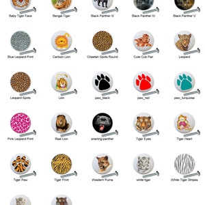 May include: Assortment of 25 round ceramic knobs with various animal and paw print designs. The knobs are white with a silver screw.