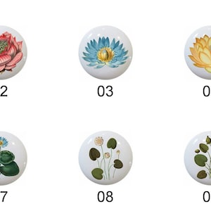May include: Ten ceramic knobs with floral designs. Each knob features a different flower or plant, including a white flower, a pink lotus, a blue lotus, a yellow lotus, a pink lotus, a white flower with green leaves, a blue flower with green leaves, a green plant with white flowers, a green plant with yellow flowers, and a pink flower with green leaves.