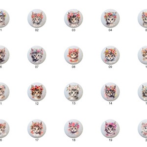May include: Twenty round ceramic tiles featuring watercolor illustrations of cats wearing flower crowns. Each tile is numbered 01-20.