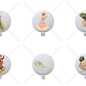 May include: Set of 9 ceramic tiles with various vintage illustrations. The tiles feature images of women in dresses, a man in a boat, a flower, and a bird. The tiles are white with a glossy finish.