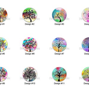 May include: A collection of twelve round designs featuring stylized tree illustrations. Each design has a unique tree silhouette against a colorful, abstract background. The designs are labeled with numbers from one to twelve.