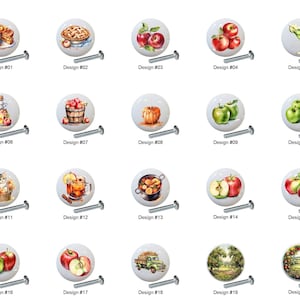 May include: Twenty different designs for ceramic cabinet knobs, each featuring a different autumn-themed illustration. The designs include apples, pumpkins, pies, cider, and fall foliage.