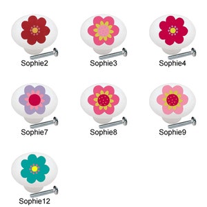 May include: Twelve different floral patterned cabinet knobs with a white base and a silver screw. The knobs are labeled Sophie 1 through Sophie 12.