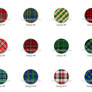May include: Twelve round cabinet knobs with various plaid patterns in red, green, blue, and black. Each knob is labeled with a design number from 1 to 12. The knobs are arranged in three rows of four.