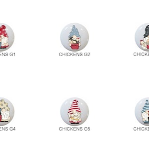 May include: Six round ceramic ornaments featuring a gnome holding a basket of chickens. The gnomes are wearing different colored hats, including red, blue, and black. The ornaments are labeled "CHICKENS G1", "CHICKENS G2", "CHICKENS G3", "CHICKENS G4", "CHICKENS G5", and "CHICKENS G6".