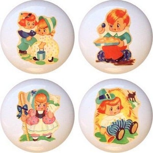May include: Set of four ceramic knobs featuring vintage illustrations of children. Each knob depicts a different child in a colorful outfit, with a variety of accessories and details.