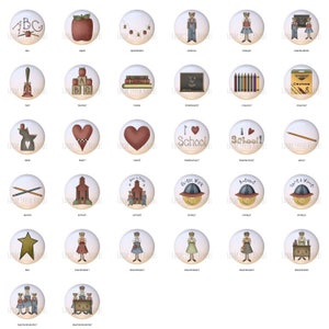 May include: Set of 24 round, white ceramic knobs with various school-themed designs.  The designs include an apple, a schoolhouse, a heart, a pencil, a star, a bell, a book, a chalkboard, crayons, and more.