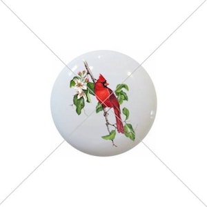 May include: A ceramic knob with a painted image of a red cardinal perched on a branch with white blossoms.