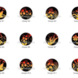 May include: A collection of twelve decorative cabinet knobs with floral designs. Each knob features a black background with orange and yellow floral patterns. The designs are labeled Design #1 through Design #12.