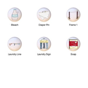 May include: Set of 11 ceramic knobs featuring laundry-themed designs.  The knobs are white with various images including a laundry basket, a clothesline, a bottle of bleach, a diaper pin, a sunflower, and a sign that says "Dirty Laundry".
