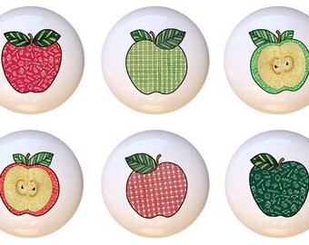 Set of 6 - Fabric-look Apples Decorative Glossy Ceramic Drawer Pulls Dresser Knobs
