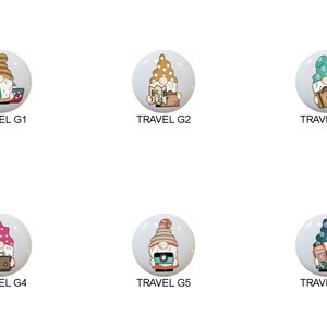 May include: Six different gnome ornaments with travel themes. Each gnome is wearing a different hat and holding a suitcase or camera. The gnomes are on a white background.