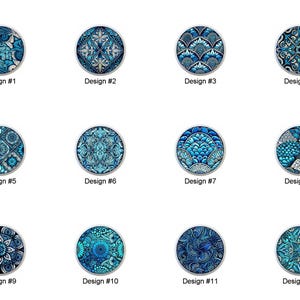 May include: A collection of twelve round decorative designs, each featuring intricate blue patterns. The designs are numbered from one to twelve. The patterns include floral, geometric, and abstract motifs, with varying shades of blue and white.