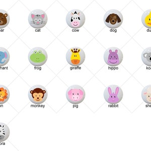 May include: A set of 15 colorful animal buttons with white backgrounds. The animals include a bear, cat, cow, dog, duck, elephant, frog, giraffe, hippo, koala, lion, monkey, pig, rabbit, and sheep.