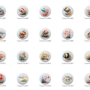 May include: Twenty colorful ceramic tiles featuring different tropical fish designs. Each tile has a white background and a colorful fish with coral and seaweed.