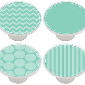 Aqua Ceramic Drawer Knobs - Turquoise Stripes, Polka Dots, Chevron - Set of 4