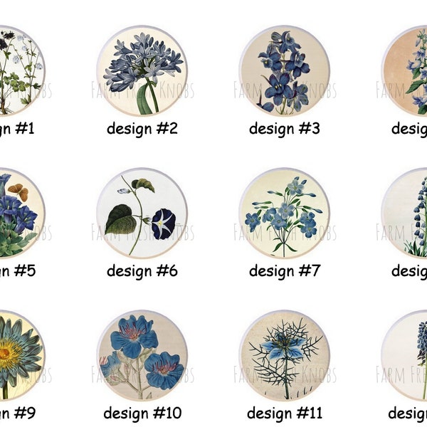 Botanical Blue Flowers by cmc Floral Flower DECORATIVE Glossy Finish Ceramic Dresser Drawer PULLS Cabinet Cupboard KNOBS